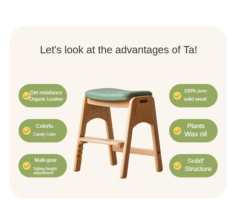 Beech Solid Wood Adjustable Children Study Chair with Leather Seat & Stackable Design in Olive Green Milky White Lemon Yellow