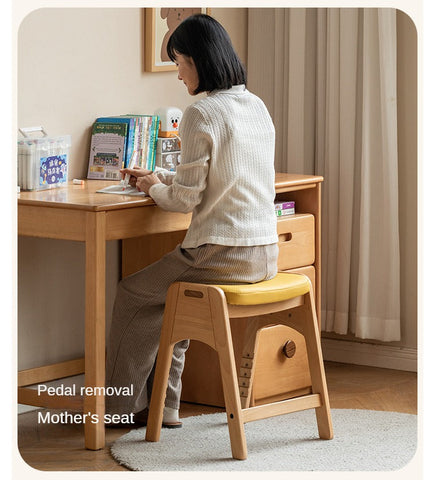 Beech Solid Wood Adjustable Children Study Chair with Leather Seat & Stackable Design in Olive Green Milky White Lemon Yellow