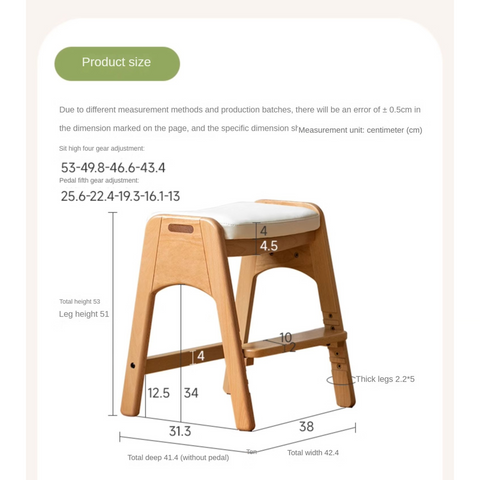 Beech Solid Wood Adjustable Children Study Chair with Leather Seat & Stackable Design in Olive Green Milky White Lemon Yellow