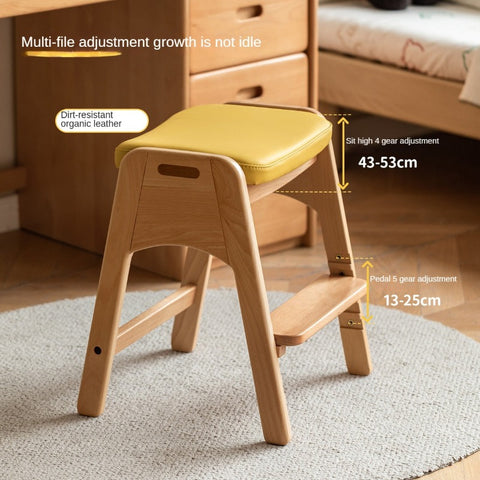 Beech Solid Wood Adjustable Children Study Chair with Leather Seat & Stackable Design in Olive Green Milky White Lemon Yellow