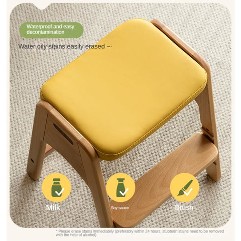 Beech Solid Wood Adjustable Children Study Chair with Leather Seat & Stackable Design in Olive Green Milky White Lemon Yellow