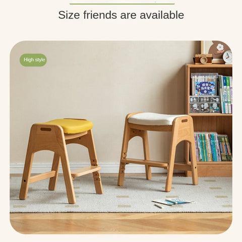 Beech Solid Wood Adjustable Children Study Chair with Leather Seat & Stackable Design in Olive Green Milky White Lemon Yellow