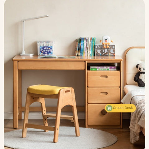 Beech Solid Wood Adjustable Children Study Chair with Leather Seat & Stackable Design in Olive Green Milky White Lemon Yellow