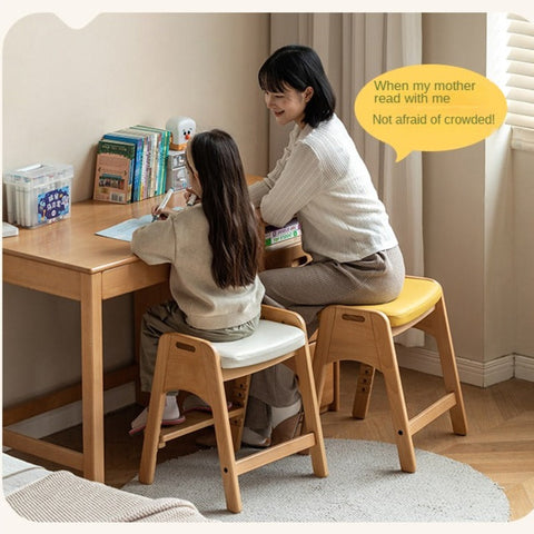 Beech Solid Wood Adjustable Children Study Chair with Leather Seat & Stackable Design in Olive Green Milky White Lemon Yellow