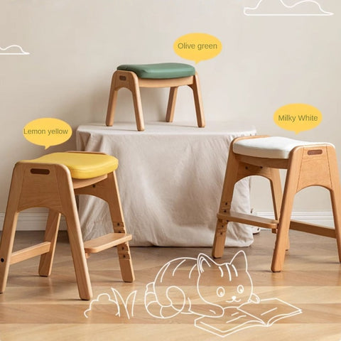 Beech Solid Wood Adjustable Children Study Chair with Leather Seat & Stackable Design in Olive Green Milky White Lemon Yellow