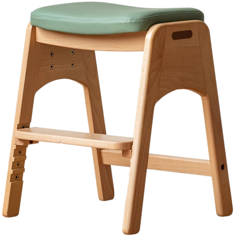 Beech Solid Wood Adjustable Children Study Chair with Leather Seat & Stackable Design in Olive Green Milky White Lemon Yellow