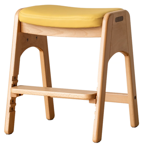 Beech Solid Wood Adjustable Children Study Chair with Leather Seat & Stackable Design in Olive Green Milky White Lemon Yellow