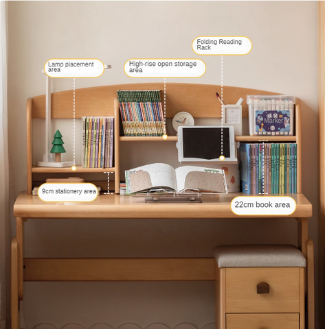 Beech Solid Wood Adjustable Height Children Study Table Natural Finish Liftable Desk for Home Learning