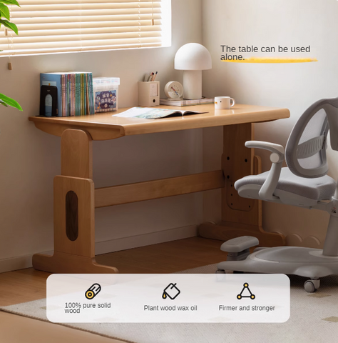 Beech Solid Wood Adjustable Height Children Study Table Natural Finish Liftable Desk for Home Learning