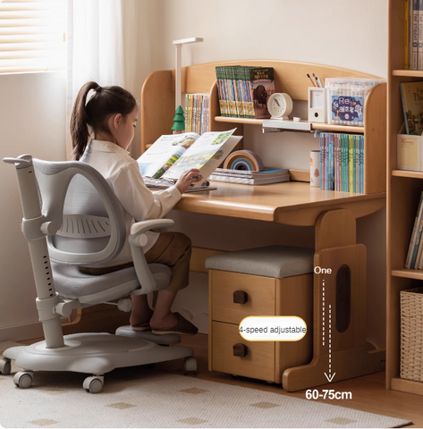 Beech Solid Wood Adjustable Height Children Study Table Natural Finish Liftable Desk for Home Learning