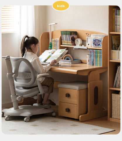 Beech Solid Wood Adjustable Height Children Study Table Natural Finish Liftable Desk for Home Learning