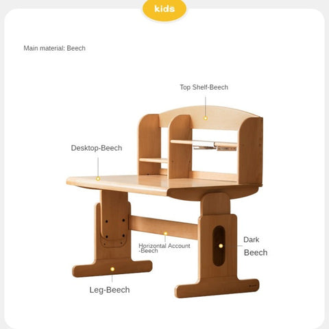 Beech Solid Wood Adjustable Height Children Study Table Natural Finish Liftable Desk for Home Learning