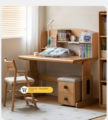 Beech Solid Wood Adjustable Height Children Study Table Natural Finish Liftable Desk for Home Learning