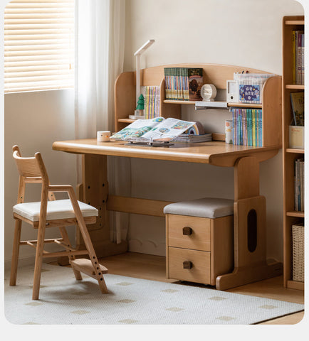 Beech Solid Wood Adjustable Height Children Study Table Natural Finish Liftable Desk for Home Learning