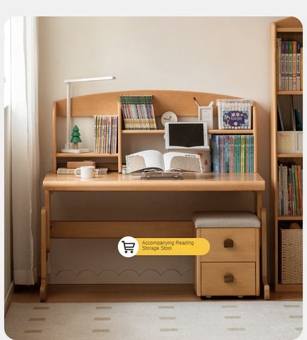 Beech Solid Wood Adjustable Height Children Study Table Natural Finish Liftable Desk for Home Learning