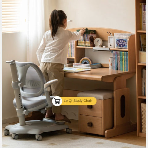 Beech Solid Wood Adjustable Height Children Study Table Natural Finish Liftable Desk for Home Learning
