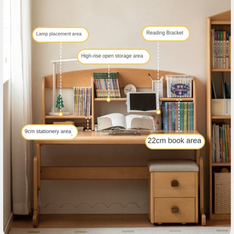 Beech Solid Wood Adjustable Height Children Study Table Natural Finish Liftable Desk for Home Learning