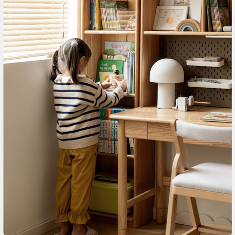Oak Solid Wood Adjustable Kids Study Desk and Bookshelf Natural Finish Space Saving Liftable Table with Storage