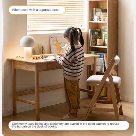 Oak Solid Wood Adjustable Kids Study Desk and Bookshelf Natural Finish Space Saving Liftable Table with Storage