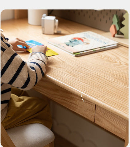 Oak Solid Wood Adjustable Kids Study Desk and Bookshelf Natural Finish Space Saving Liftable Table with Storage