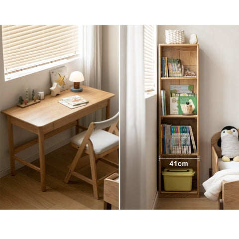 Oak Solid Wood Adjustable Kids Study Desk and Bookshelf Natural Finish Space Saving Liftable Table with Storage