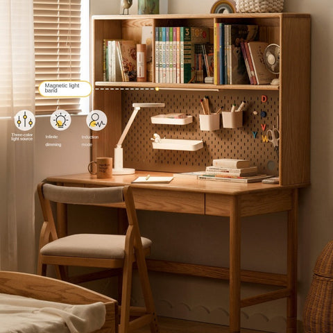 Oak Solid Wood Adjustable Kids Study Desk and Bookshelf Natural Finish Space Saving Liftable Table with Storage