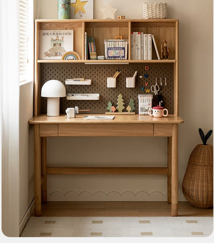 Oak Solid Wood Adjustable Kids Study Desk and Bookshelf Natural Finish Space Saving Liftable Table with Storage