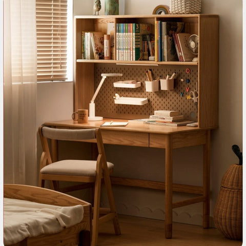 Oak Solid Wood Adjustable Kids Study Desk and Bookshelf Natural Finish Space Saving Liftable Table with Storage