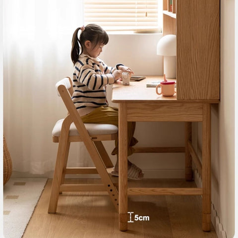 Oak Solid Wood Adjustable Kids Study Desk and Bookshelf Natural Finish Space Saving Liftable Table with Storage