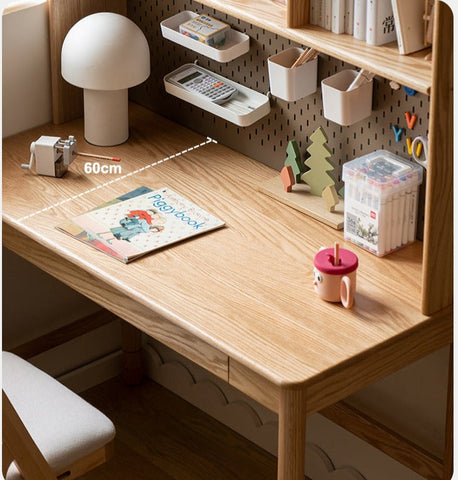Oak Solid Wood Adjustable Kids Study Desk and Bookshelf Natural Finish Space Saving Liftable Table with Storage