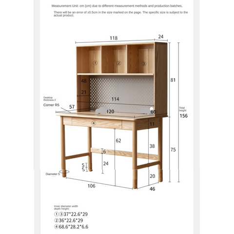 Oak Solid Wood Adjustable Kids Study Desk and Bookshelf Natural Finish Space Saving Liftable Table with Storage