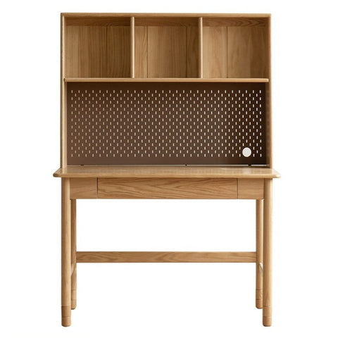 Oak Solid Wood Adjustable Kids Study Desk and Bookshelf Natural Finish Space Saving Liftable Table with Storage