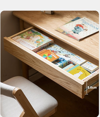 Oak Solid Wood Adjustable Kids Study Desk and Bookshelf Natural Finish Space Saving Liftable Table with Storage