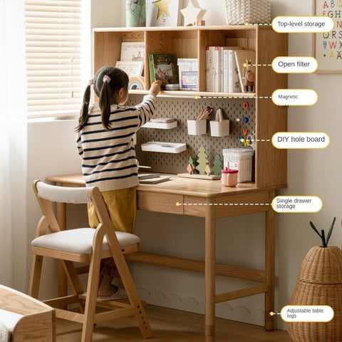 Oak Solid Wood Adjustable Kids Study Desk and Bookshelf Natural Finish Space Saving Liftable Table with Storage