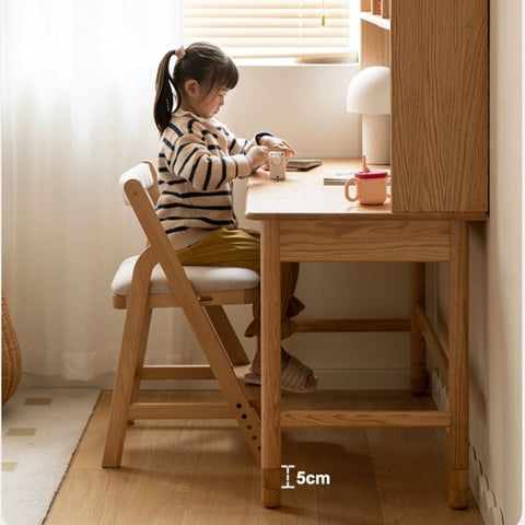 Oak Solid Wood Adjustable Kids Study Desk and Bookshelf Natural Finish Space Saving Liftable Table with Storage