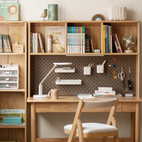 Oak Solid Wood Adjustable Kids Study Desk and Bookshelf Natural Finish Space Saving Liftable Table with Storage