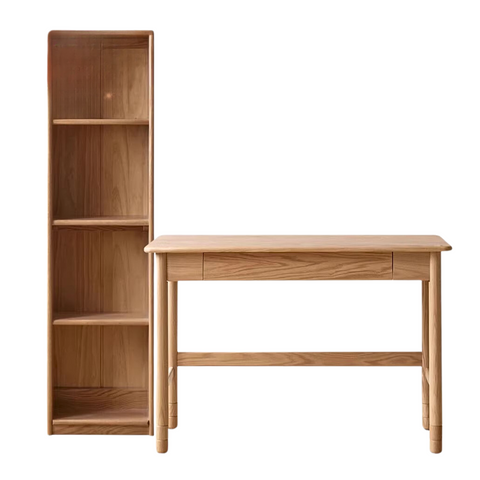 Oak Solid Wood Adjustable Kids Study Desk and Bookshelf Natural Finish Space Saving Liftable Table with Storage