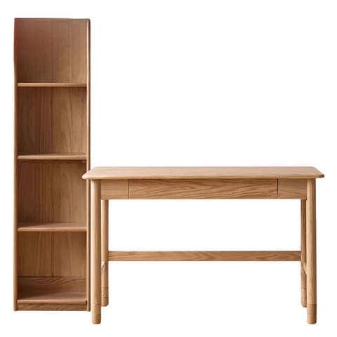 Oak Solid Wood Adjustable Kids Study Desk and Bookshelf Natural Finish Space Saving Liftable Table with Storage