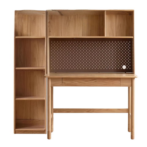 Oak Solid Wood Adjustable Kids Study Desk and Bookshelf Natural Finish Space Saving Liftable Table with Storage