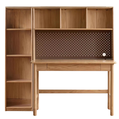 Oak Solid Wood Adjustable Kids Study Desk and Bookshelf Natural Finish Space Saving Liftable Table with Storage