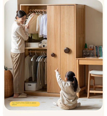 Oak, Solid Rubberwood Kids Sliding Door Wardrobe