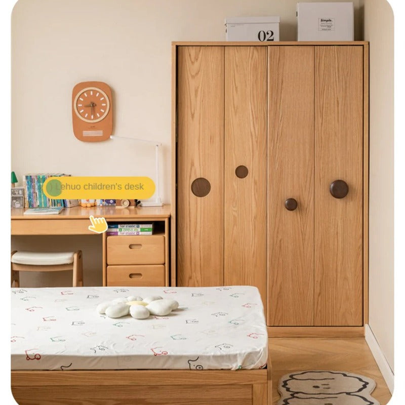 Oak, Solid Rubberwood Kids Sliding Door Wardrobe