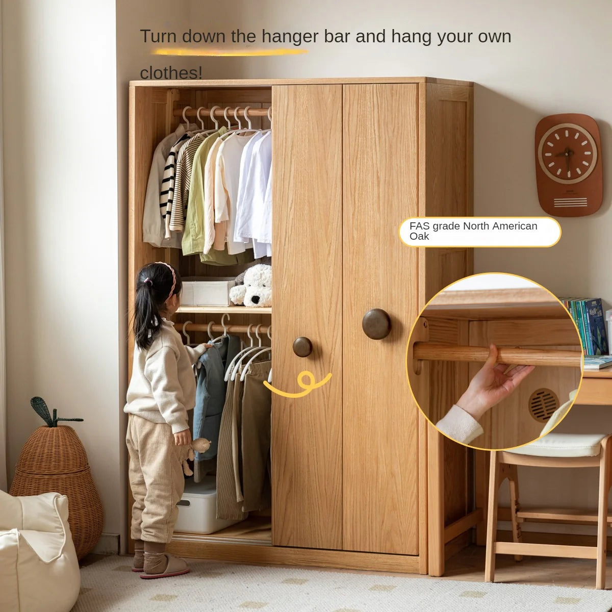 Oak, Solid Rubberwood Kids Sliding Door Wardrobe