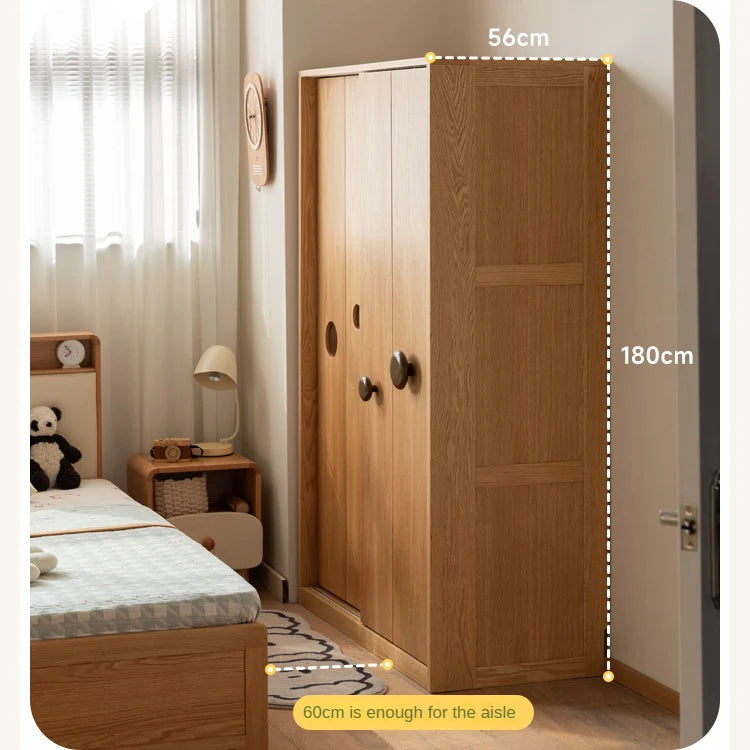 Oak, Solid Rubberwood Kids Sliding Door Wardrobe