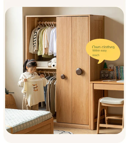 Oak, Solid Rubberwood Kids Sliding Door Wardrobe