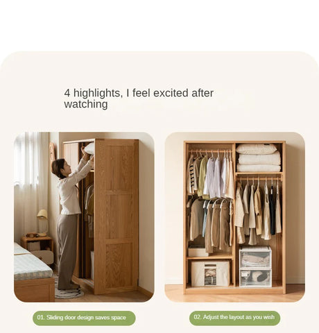 Oak, Solid Rubberwood Kids Sliding Door Wardrobe