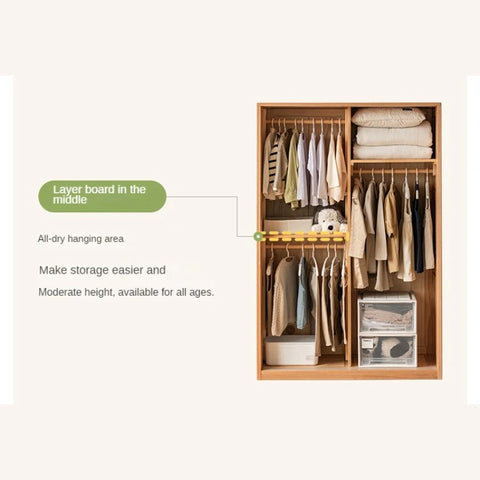 Oak, Solid Rubberwood Kids Sliding Door Wardrobe