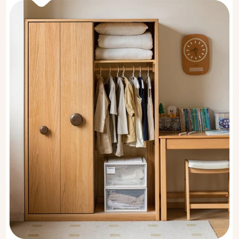 Oak, Solid Rubberwood Kids Sliding Door Wardrobe