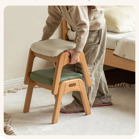 Beech Solid Wood Childrens Stool Natural Finish & Organic Leather Upholstery Durable Playroom Seating