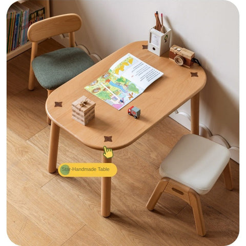 Beech Solid Wood Childrens Stool Natural Finish & Organic Leather Upholstery Durable Playroom Seating